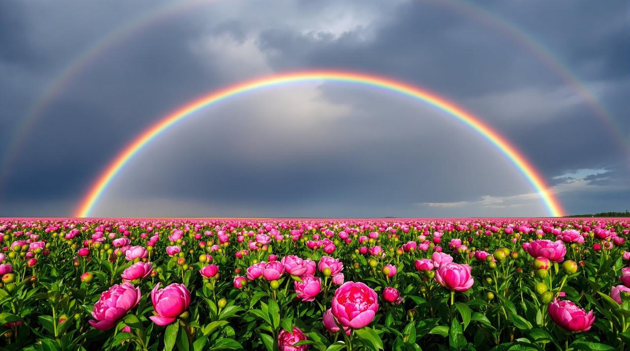 雨后花海彩虹：天空的礼物