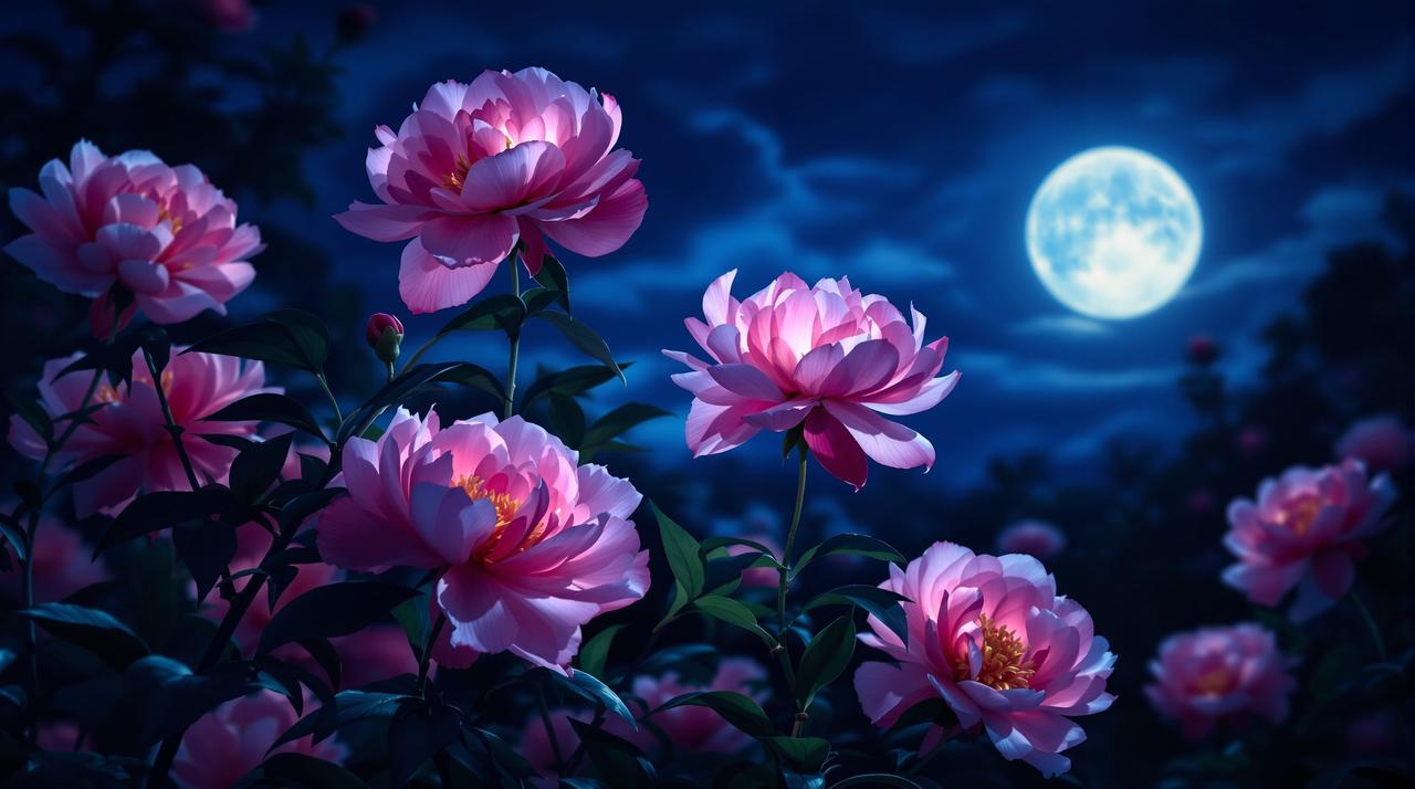夜色芍药：月光下的花影摇曳