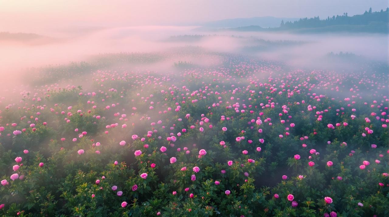 晨雾中的芍药花海：仙境之旅
